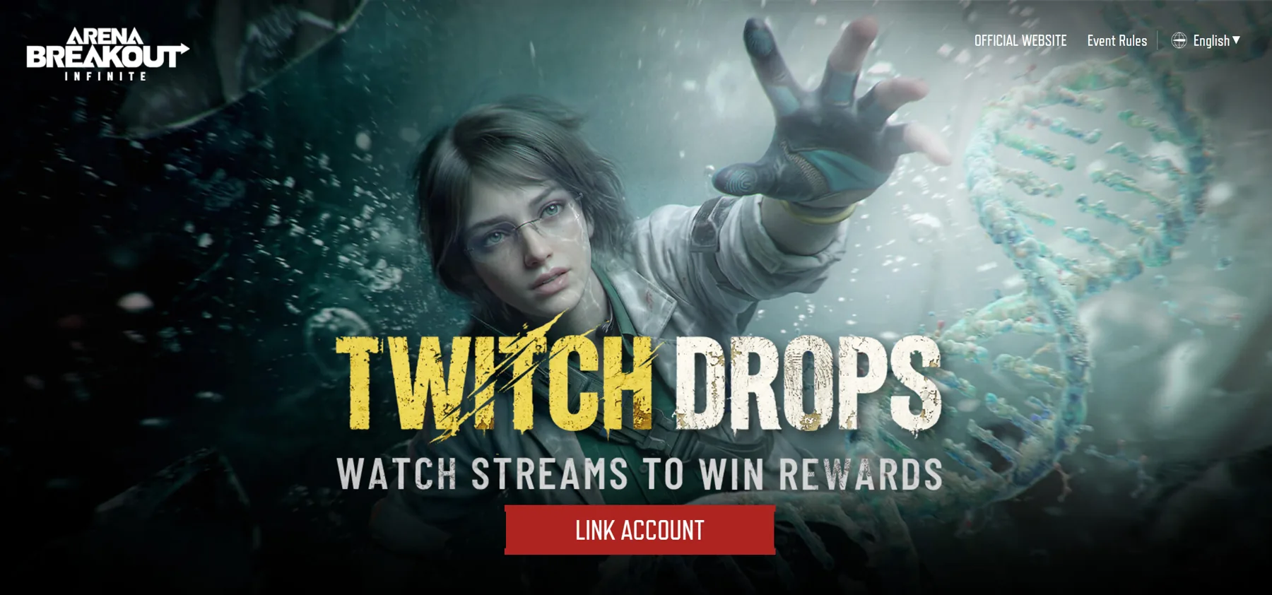 Offizielle Arena Breakout Infinite Twitch-Drops-Seite mit Link Account Button