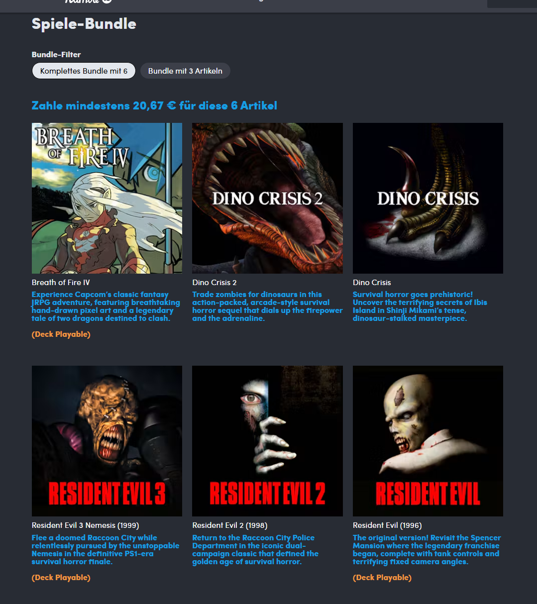 Humble-Spieleliste: Breath of Fire IV, Dino Crisis 2, Dino Crisis sowie die ersten drei Resident-Evil-Spiele; sechs Artikel ab 20,67 Euro