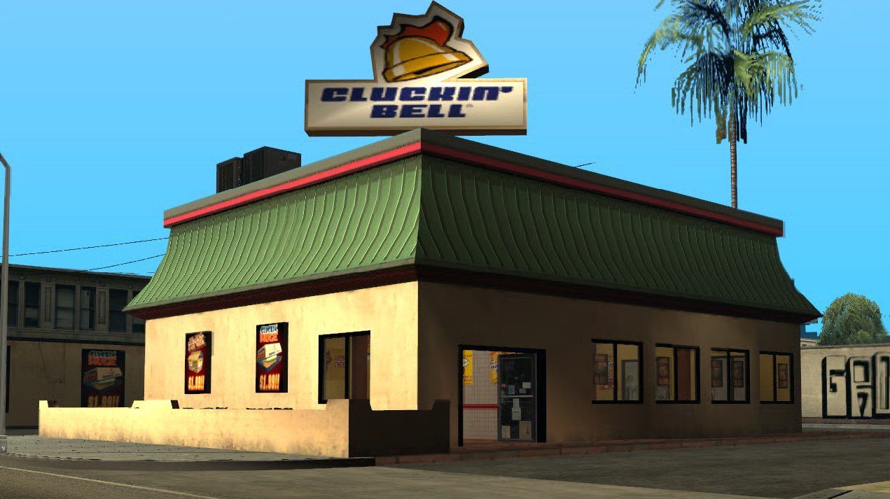 Cluckin’-Bell-Restaurant mit Glockenschild und grünem Dach in GTA: San Andreas