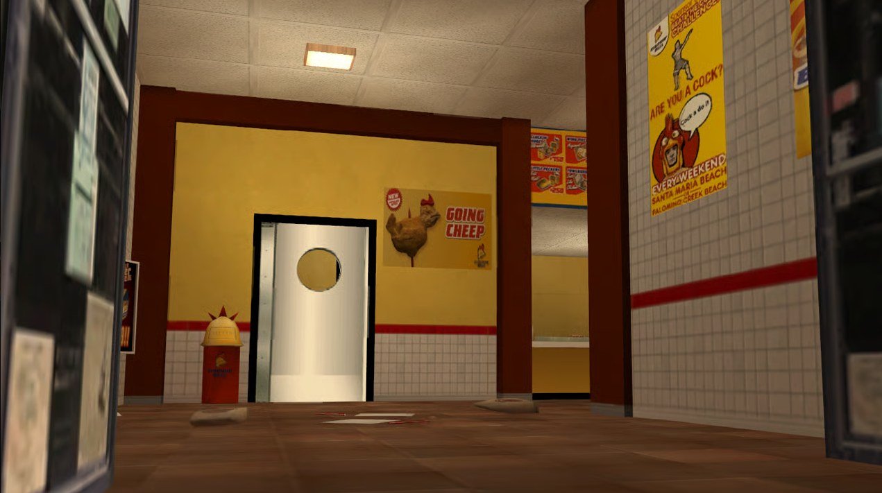 Innenraum von Cluckin’ Bell in GTA: San Andreas mit gelben Wänden und Werbeplakaten