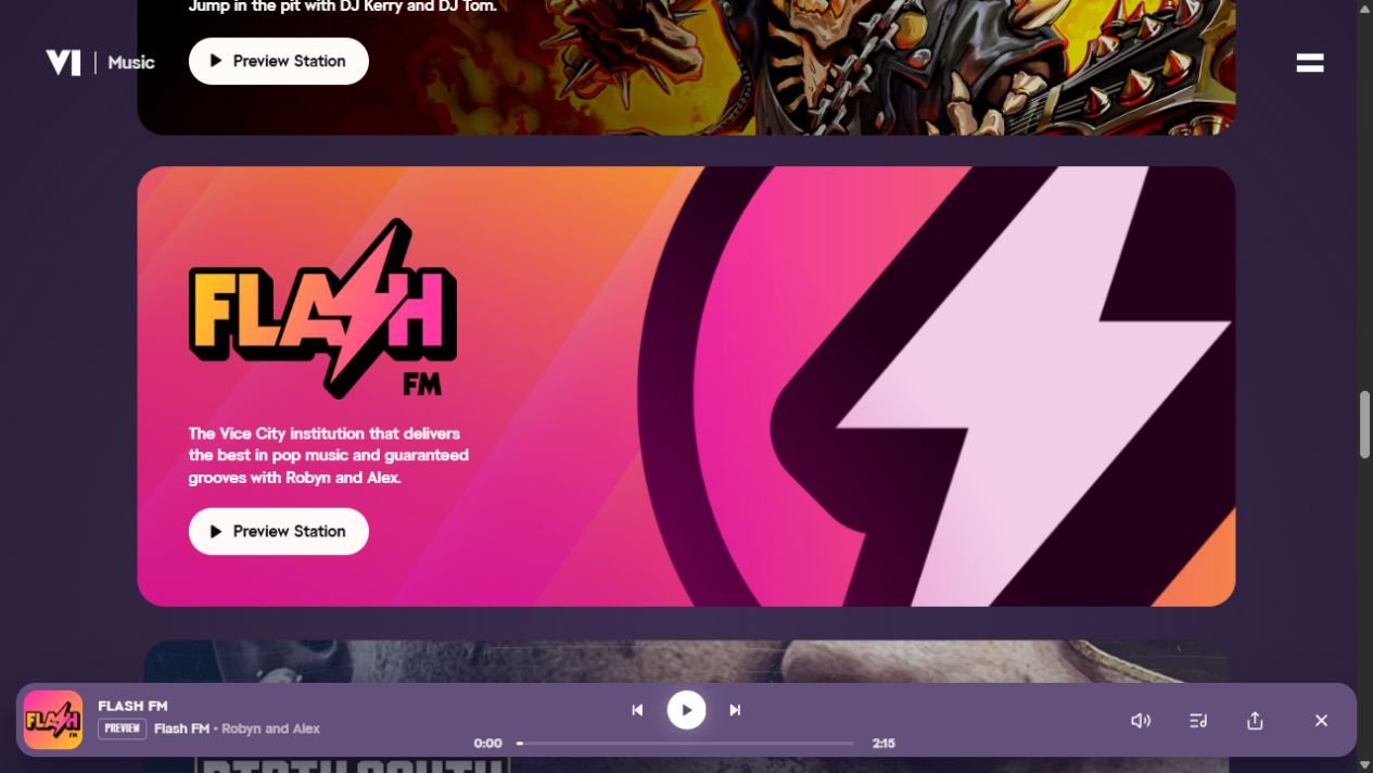 Flash FM auf Rockstars offizieller GTA-VI-Musikseite mit Radiovorschau und Player bei 0:00 von 2:15 Minuten