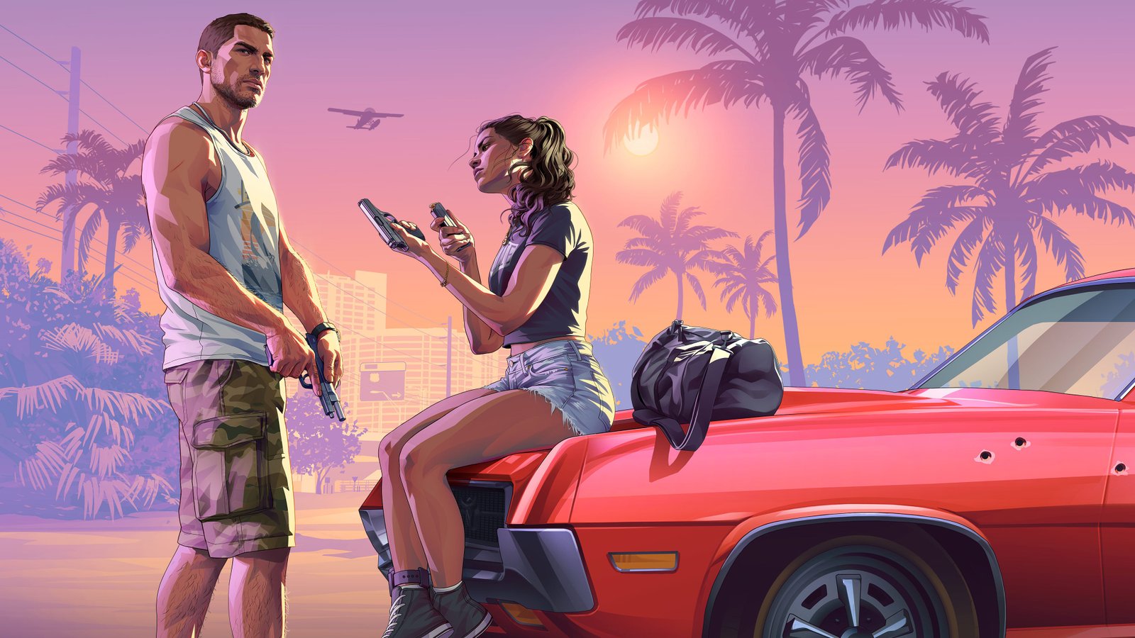 Jason und Lucia am Auto · © Rockstar Games, offizielles Artwork ↗.