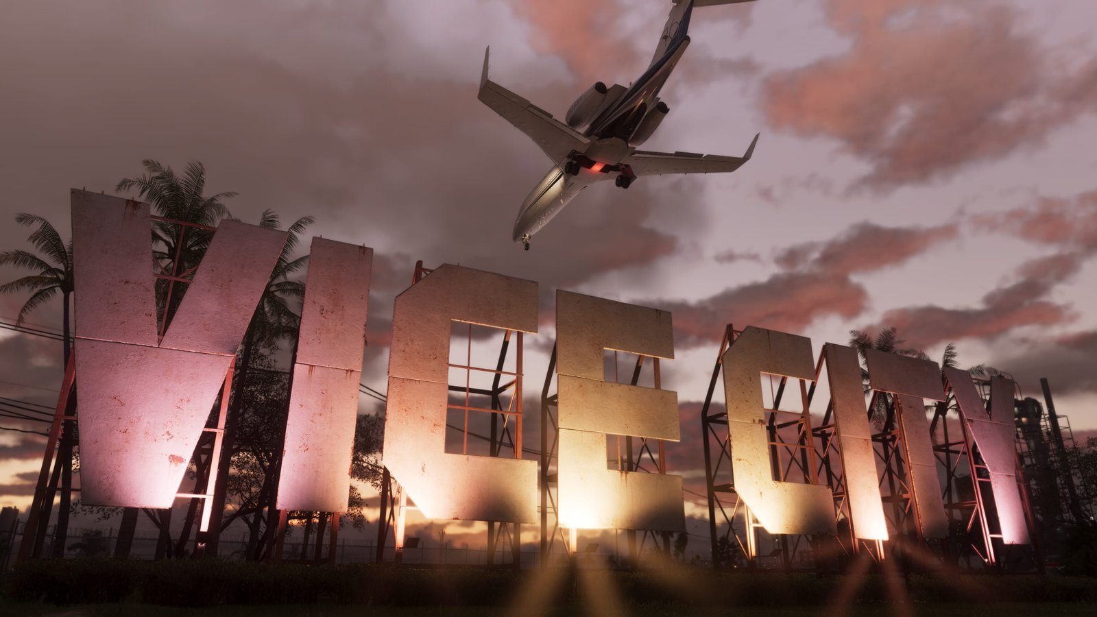 Flugzeug über dem Vice-City-Schriftzug im offiziellen GTA-VI-Screenshot