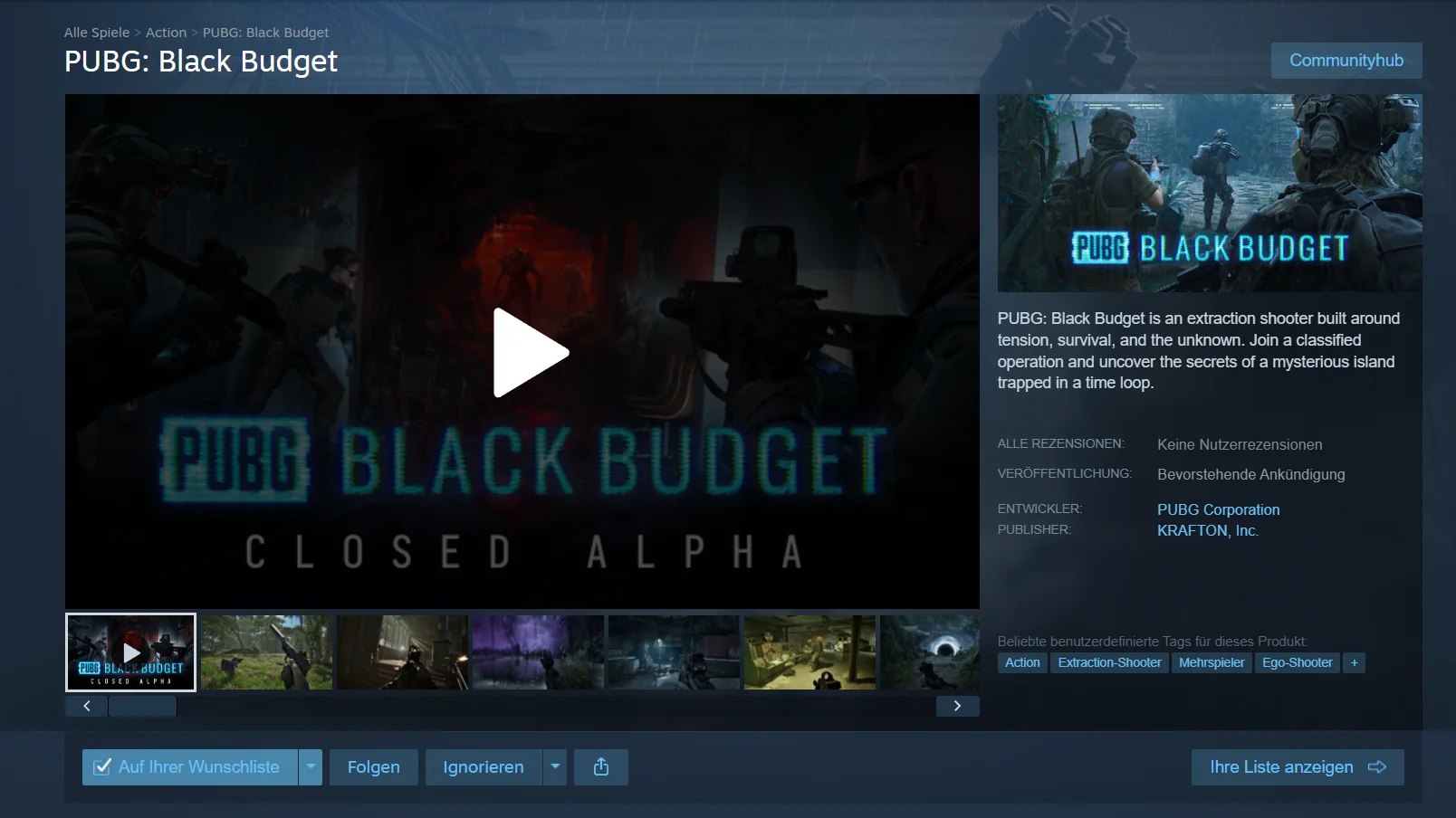 Steam-Seite von PUBG Black Budget am 7. Oktober 2026 mit dem Hinweis Bevorstehende Ankündigung beim Veröffentlichungsdatum