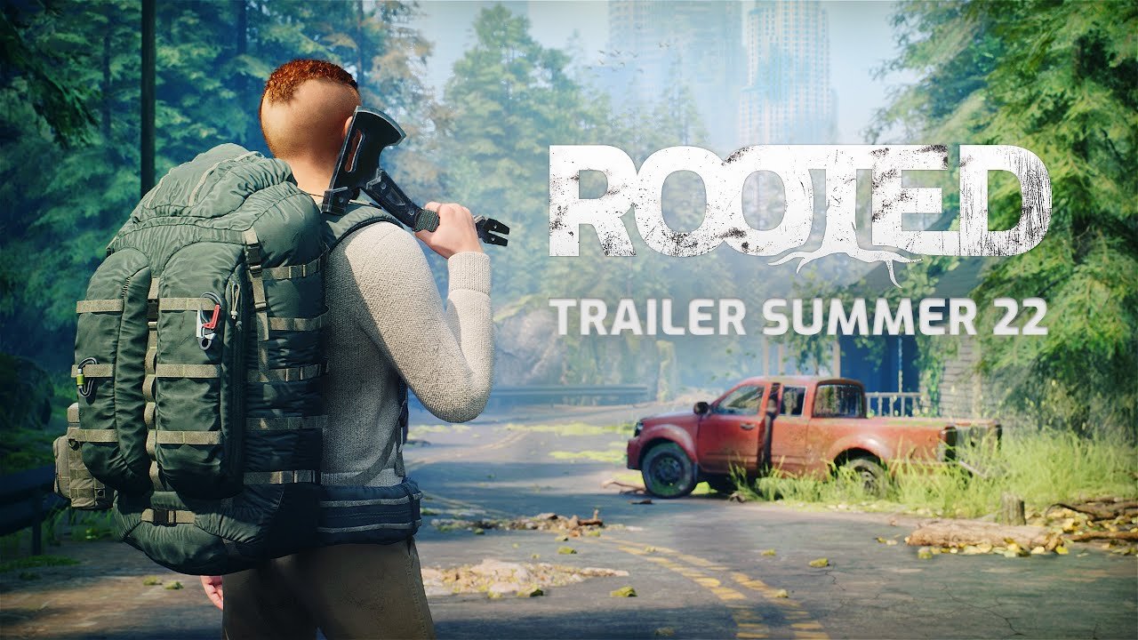 Offizielles Rooted-Trailermotiv mit Überlebendem, Rucksack und überwucherter Straße