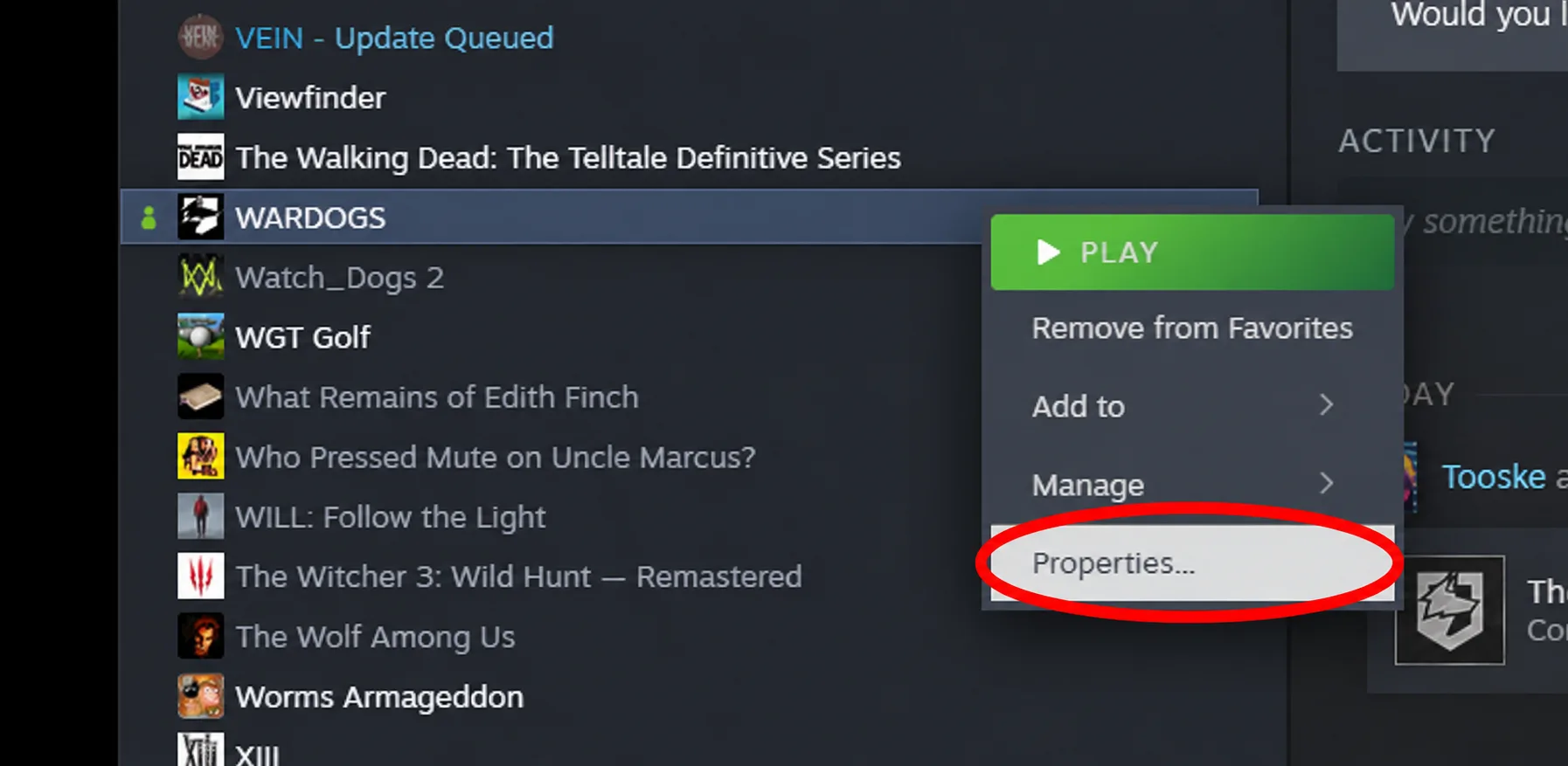 Steam-Kontextmenü von WARDOGS mit rot markiertem Menüpunkt Properties beziehungsweise Eigenschaften