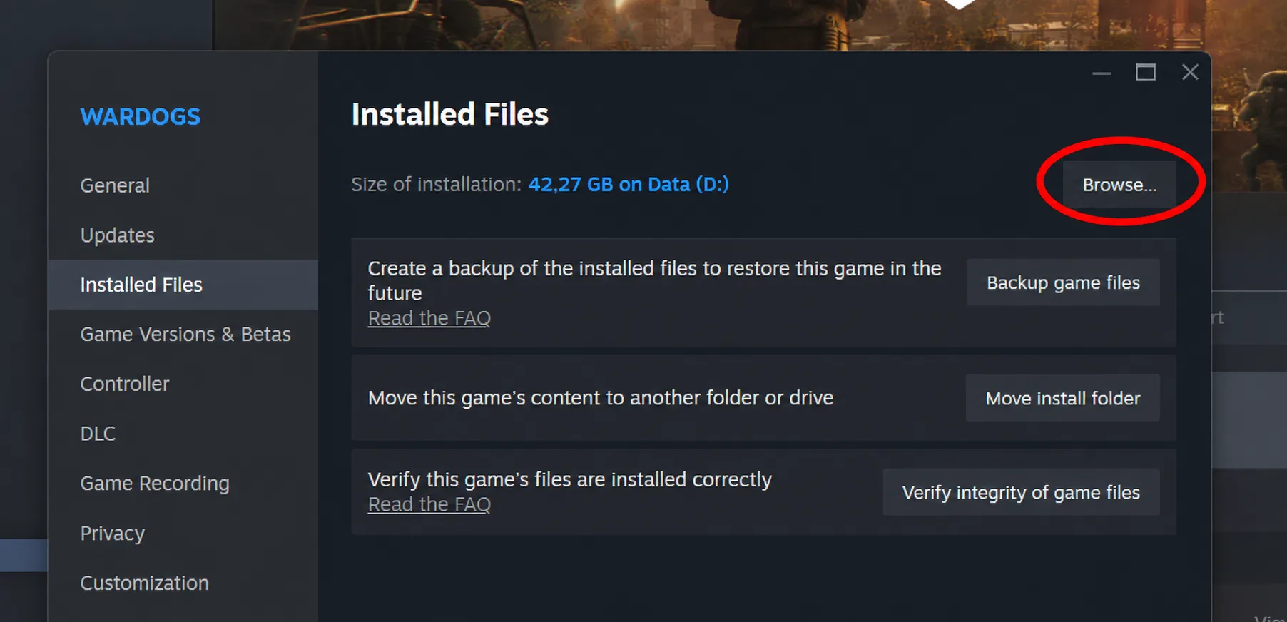 Steam WARDOGS Installed Files mit rot markiertem Browse Button